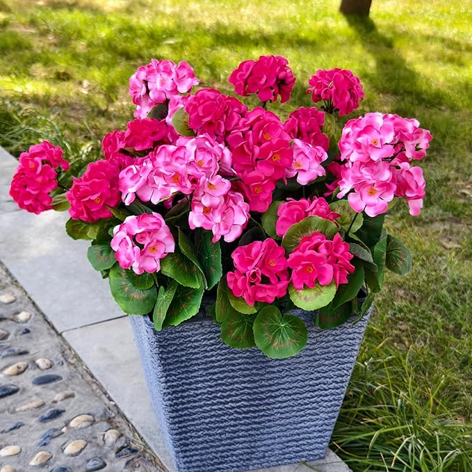Fake Outdoor Flowers, Artificial Flowers For Outdoors, Mixed Color Artificial Geraniums Plastic Flowers 4 Pcs, Fake Plant For Outside, Silk Faux Flowers Outdoor Planters UV Resistant For Front Porch