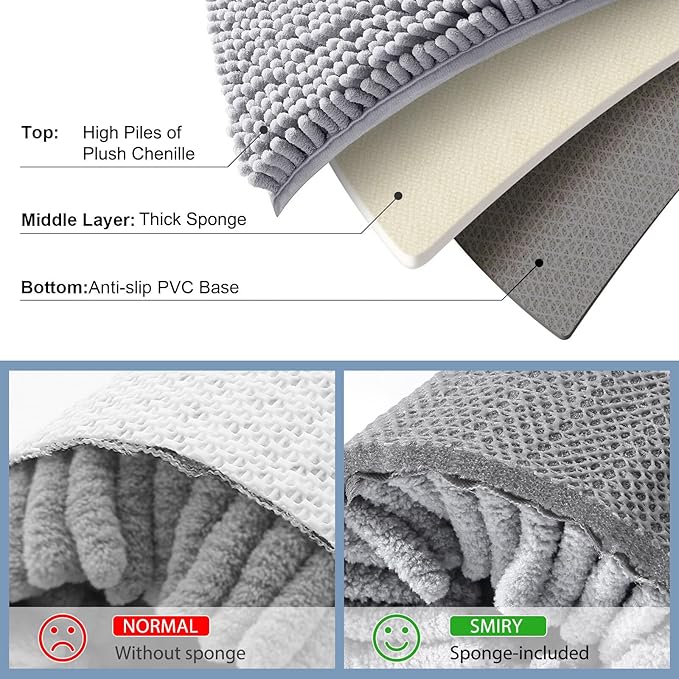 Smiry Luxury Chenille Bathroom Rugs 47x24, Extra Soft and Absorbent Shaggy Bath Mat, Machine Washable, Non-Slip Plush Carpet Runner for Tub, Shower, and Floor, Home Decor Accessories, Light Grey