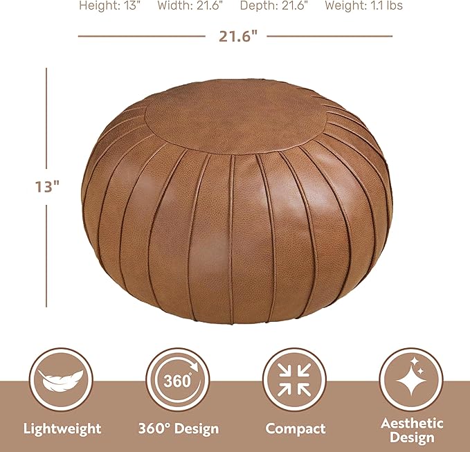 Thgonwid Handmade Storage Pouf Ottoman Foot Stool - Faux Suede Round Floor Cushion 21.6"x13" for Living Room, Bedroom, Wedding Decor, Unstuffed (Brown)