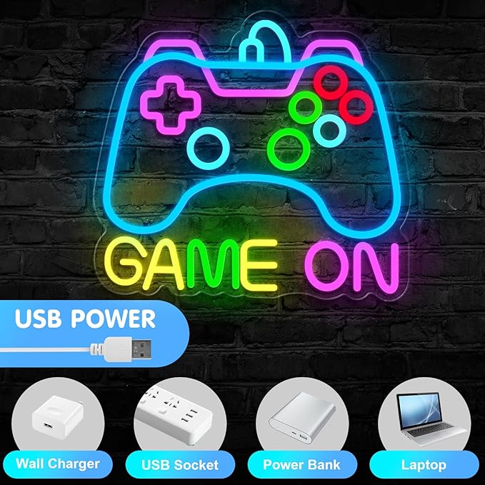 Game On Neon Sign for Gamer Wall Decor, USB Powered Dimmable Colorful Led Gaming Neon Signs for Boys Room, Teen Room, Wall Decor, Gamer Gifts for Teen, Men, Boys, Kids