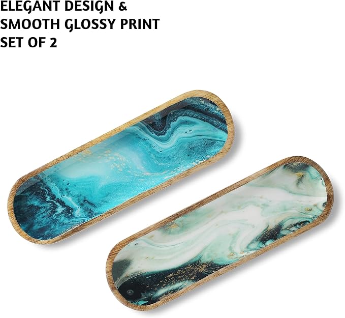 Folkulture Incense Holder or Incense Burner, Incense Holder for Sticks or Wooden Incense Tray for Sticks, Modern Insence-Stick Holder, Ash Catcher, Mango Wood, Set of 2, Blue and Green Agate