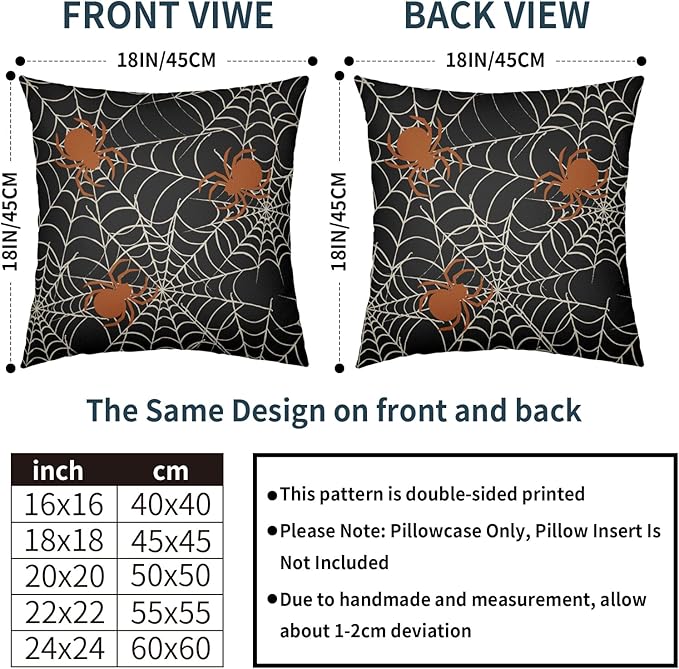 Halloween Spiderweb Pillow Covers 20x20 Set of 2 Black White Spider Web Orange Spider Outdoor Decorative Throw Pillows Scary Farmhouse Pillowcases Linen Cushion Case Decor for Home Sofa Couch Bed