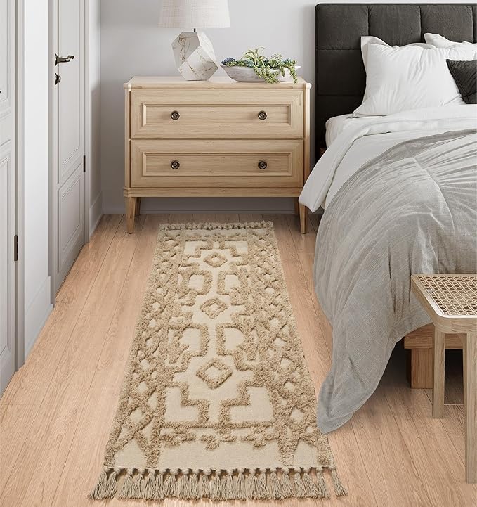 Uphome Boho Hallway Runner Rug 2' x 6', Khaki Cotton Washable Bathroom Rug Runner with Tassels, Hand Woven Tribal Kitchen Runners, Morrocan Accent Throw Carpet for Laundry Porch Bedroom Living Room