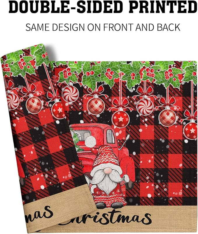Winter Placemats Set of 4, 12 x 18 Inch Xmas Tree Gnome Truck Dining Table Mats Red Black Buffalo Plaid Rectangle Tabletop Decor for Holiday Seasonal Dining Party