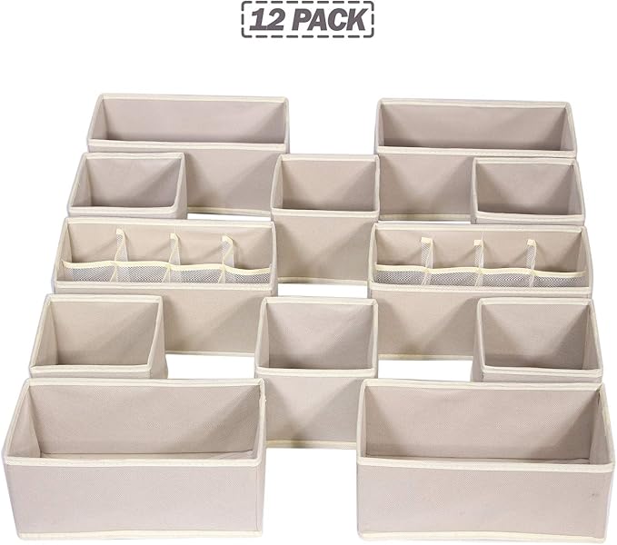 12 Pack Foldable Drawer Organizer Dividers Cloth Storage Box Closet Dresser Organizer Cube Fabric Containers Basket Bins for Underwear Bras Socks Panties Lingeries Nursery Baby Clothes Beige NN246