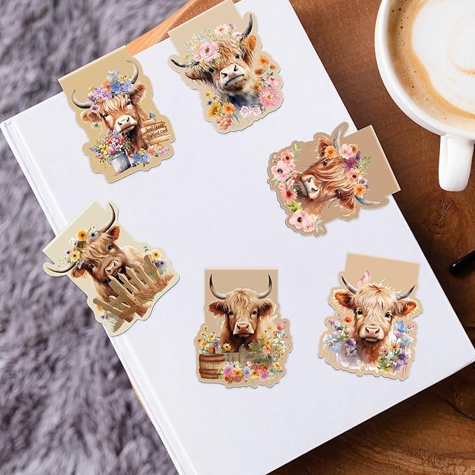 Highland Cow Magnetic Bookmarks: 12 Pcs Cute Cow Magnet Book Page Markers, Flower Animal Book Mark Clips for Reading, Gifts for Kids Women Students Book Lovers Office School Supplies