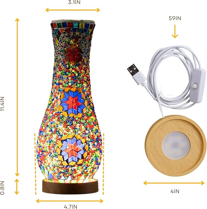 Turkish Moroccan Table Lamp, Mosaic Vase Lamp, Colorful Handmade Glass, Decorative Water-Fillable, Three-Color Light, Fit for Ambient Living Room Farmhouse