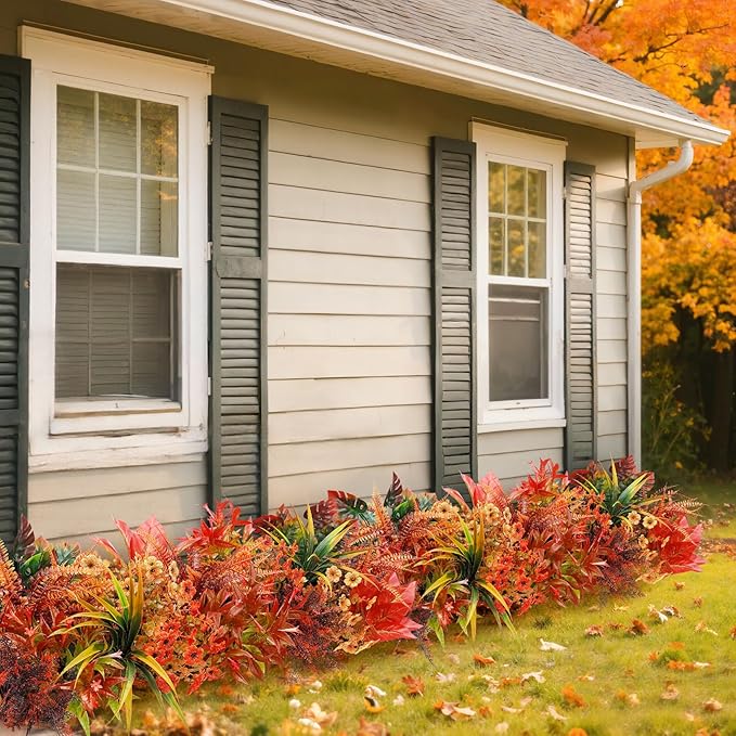 20 Bundles Artificial Fall Flowers for Outdoor Decoration, Fake Plants Faux Mums Flowers UV Resistant Daisy Boston Fern Fall Stems for Autumn Planters Window Box Garden Porch Indoor Home Decor
