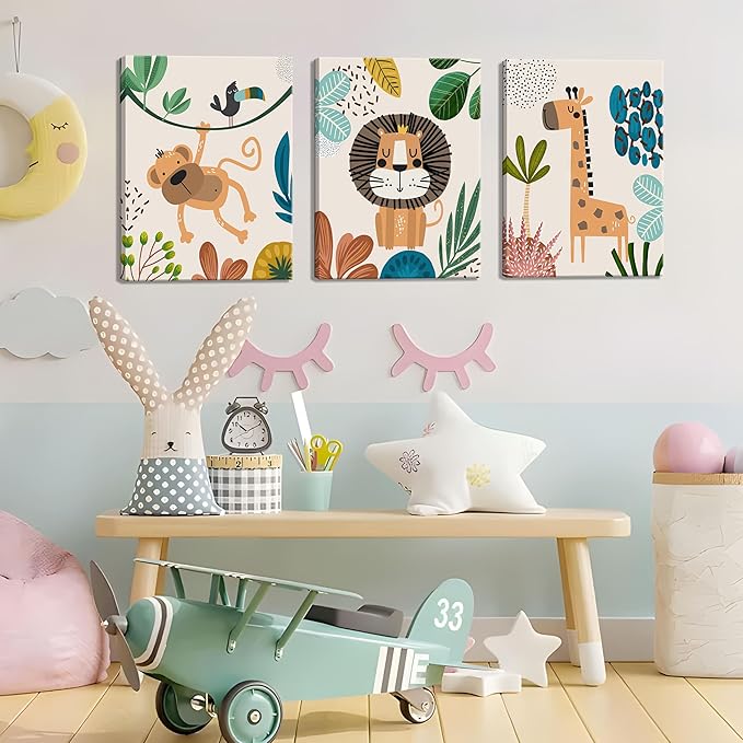AKWISH Nursery Wall Decor Set of 3, Safari Canvas Wall Art Animals Paintings Prints, Boy Girl Kids Room Wall Decor for Shower Theme Decorations Baby Children's Room Bedroom 16x24 inch Framed