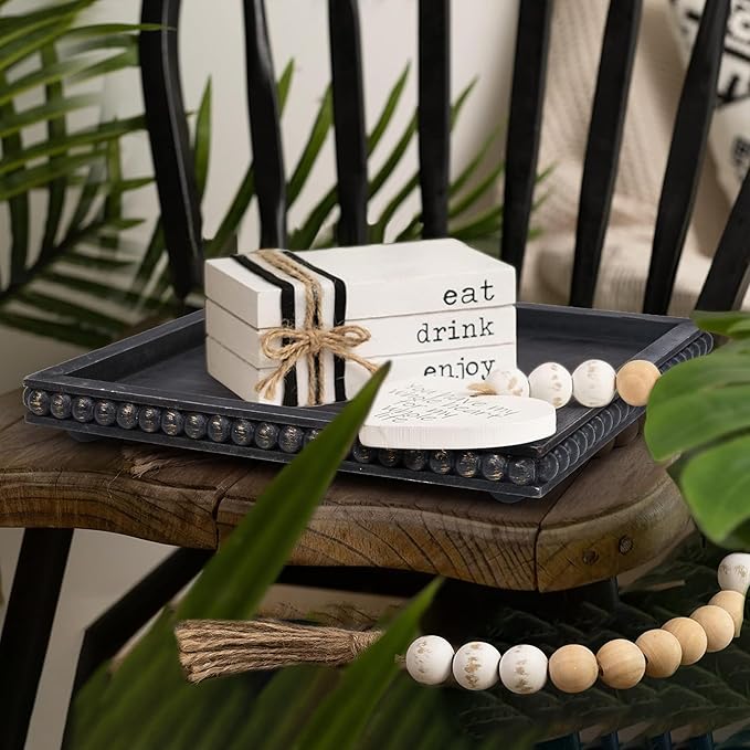 HPC Decor 12in Square Decorative Tray for Home Decor Wood Beaded Tray (Black)