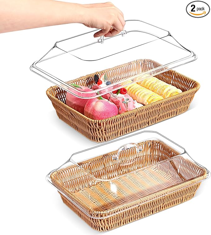 2 Set Wicker Bread Baskets for Serving with Acrylic Lids Woven Imitation Rattan Bread Basket Rectangular with Cover for World Baking Day Fruit Food Serving(13.78" X 9.84")