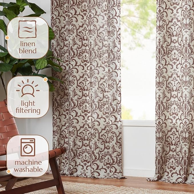 jinchan Linen Curtains for Bedroom Brown Damask Patterned 90 Inches Long for Living Room Light Filtering Vintage Curtains Baroque Style Drapes Grommet Window Treatments 2 Panels Set