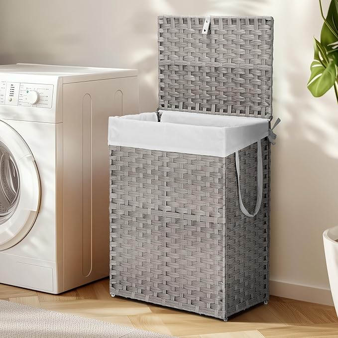 Sweetcrispy Foldable Laundry Hamper–Large Capacity Clothes Basket with Lid, 23.8 Gallon (90L) Bin for Bedroom, Bathroom, and Wash Room–Double Insert Storage Organizer, Dove Gray