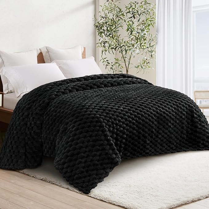Whale Flotilla Queen Size Blanket for Bed with Jacquard Pattern, Fuzzy Soft Cozy Exquisite Blankets for All Season, Warm and Fluffy, 90x90 Inch, Black