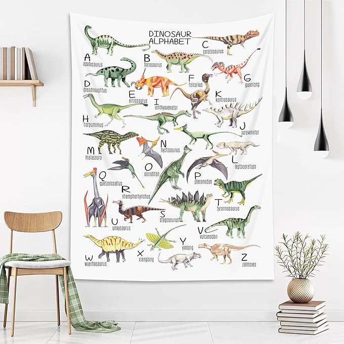 HVEST Dinosaur Tapestry Vertical Wall Hanging ABC English Alphabet and Wild Animal Tapestries Illustrative Reference Chart Tapestry for Kids Bedroom Living Room Teen Dorm Party,70.9x92.5 Inches