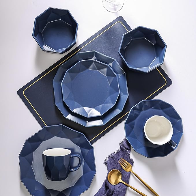 Stone + Lain Jamie Porcelain 32-Piece Geometric Dinnerware Set, Blue