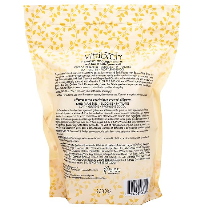 Vitabath Heavenly Coconut Crème Bath Fizzies with Epsom Salt Relax Nourish Unwind Body & Mind Calming Aromatherapy for Muscle Soreness & Reviving Skin Nourishment - 6 Count