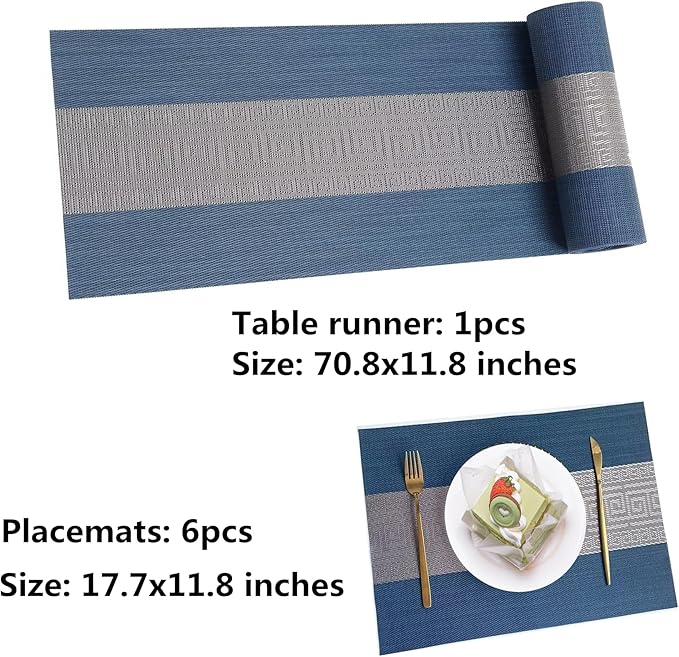 Placemats with Table Runner Set Place Mats, Woven Crossweave Placemat Vinyl Kitchen Tablemat, Washable PVC Table Mats for Dining Table, Parties, Farmhouse, Thanksgiving, Christmas & Gathering (Blue C)