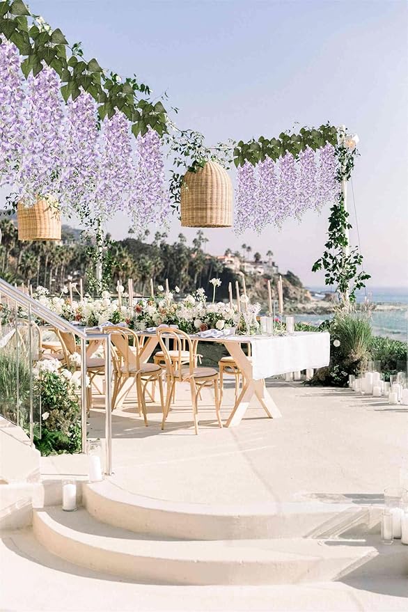 Artificial Lilac Flowers Garland 8Pcs-24Branches 33.5in Fake Syringa Wisteria Vines Faux Silk Lilac Hanging Floral Decoration for Indoor Outdoor Wedding Arch Birthday Party Garden Balcony (Purple)