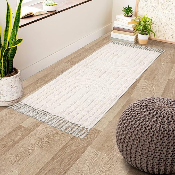 LEEVAN Boho Runner Rug Washable 2'x5' Woven Beige Cotton Farmhouse Kitchen Rugs with Tassels Bohemian Rainbow Hallway Accent Rug for Bedroom/Bathroom/Laundry or Living Room