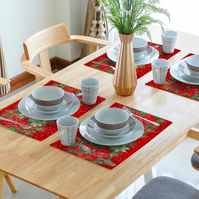 Red Poinsettias Placemats for Dining Table Set of 4, 12 x 18 Inch Red White Floral Xmas Tabletop Mats Red Rectangle Table Mat for Winter Holiday Party Kitchen Table Decor