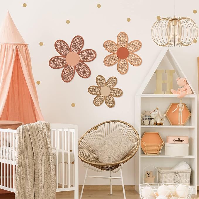 Maitys 3 Pieces Boho Daisy Wall Decor Natural Rattan Flower Wall Hanging Art Wooden Boho Art Nursery Flowers Farmhouse Hanging Decor for Home Office Nursery(Fresh Color)