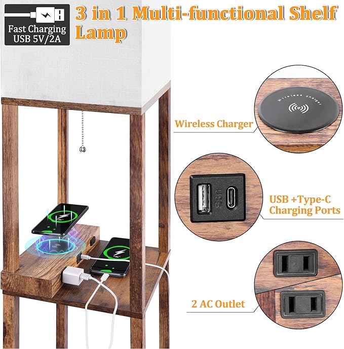 Dott Arts Floor Lamp with Shelves, Shelf Lamp with Wireless Charger & USB A+C Ports & 2 AC Outlets,3 Color Temperature Corner Tall Standing Floor Lamps for Living Room, Bedroom, Office (Brown)