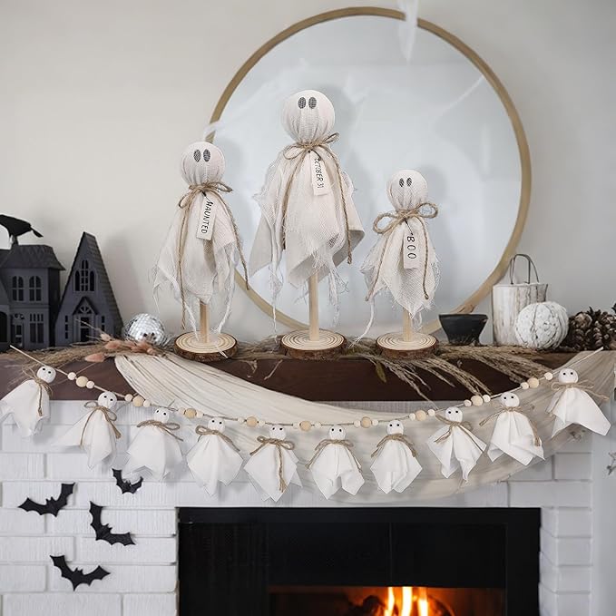 DR.DUDU 3 Pack Halloween Ghost Decor - Primitive Wooden Ghost Kit for Table Centerpiece Indoor Decorations, Spooky Cute Ghosts for Farmhouse Shelf Mantel Kitchen Home & Office Decor