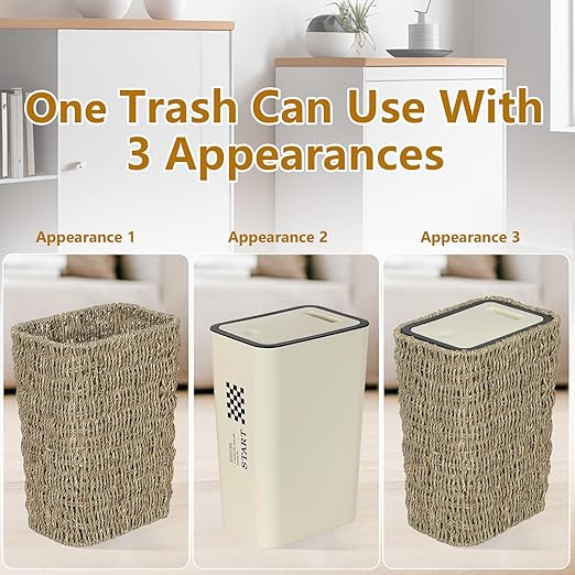 Boho Trash Can with Lid,3 Gallon Small Rattan Trash Can with Press Top Lid,Slim Wicker Waste Basket and Hamper 2 in 1 for Bathroom,Seagrass Woven Garbage Can Trash Basket for Bathroom,Kitchen