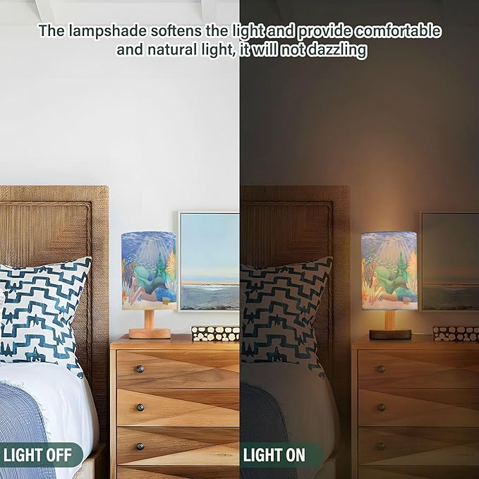 Table Lamp Watercolor Mermaid Girl Seahorse Fish Coral Ocean Sandy Sunshine Nightstand Lamp with Wood Base Fabric Lamp Shade Bedside Desk Lamp for Living Room Bedroom Kids Room Office