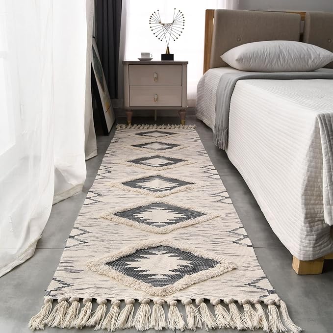 Boho Runner Rug 2'x6', Washable Hallway Rug Runner Non Slip Rubber Backed, Kitchen Farmhouse Area Rug Floor Mat with Tassels, Tufted Woven Cotton Entryway Carpet, Grey