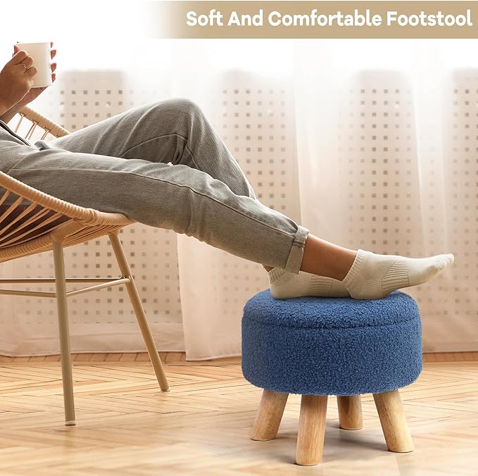 Ottoman Foot Rest, Small Round Ottoman with Storage, Boucle Teddy Velvet Footstool with Wood Legs, Soft Sponge Storage Ottoman for Living Room, Bedroom, Couch, Enterway (Dark Blue)