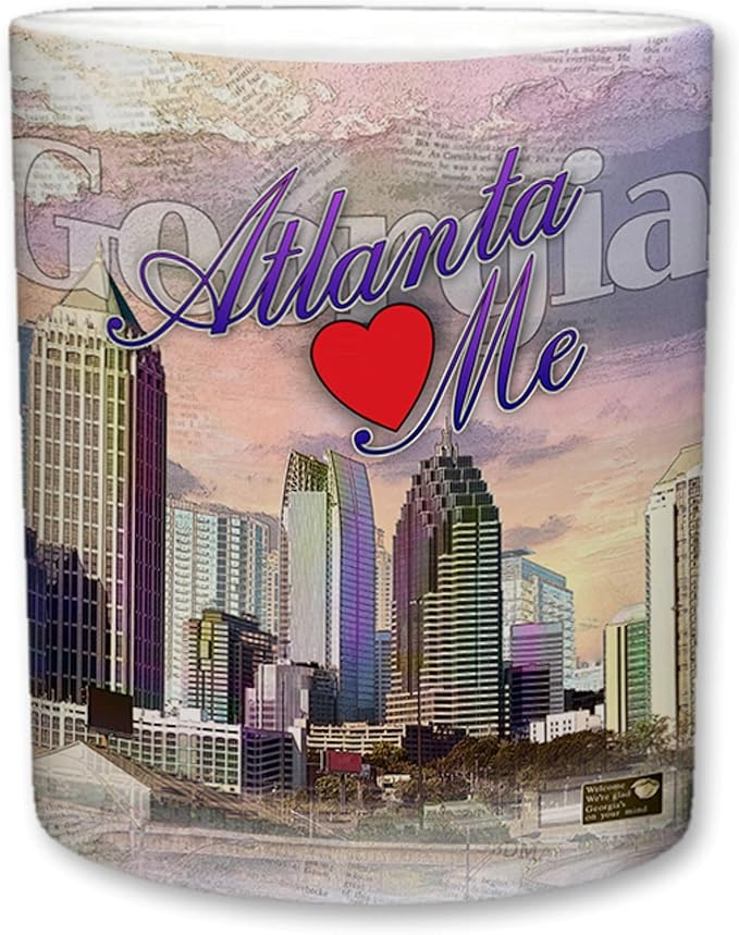 Sweet Gisele | City of Atlanta Mug | Ceramic Coffee Cup | Downtown Skyline | Atlanta Loves Me Phrase | Georgia Print Fade | Vivid Colorful Detailing | Great Novelty Gift | 11 Fl. Oz