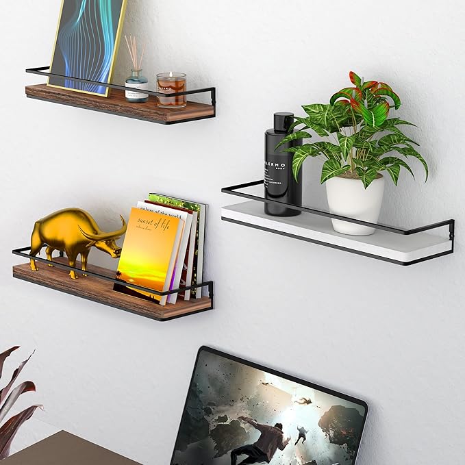 Meangood Floating Shelves Wall Mounted Set of 2, Wall Shelf with Towel Bar Rustic Wood Wall Storage Shelves for Bedroom,Living Room,Bathroom, Kitchen Rustic Brown