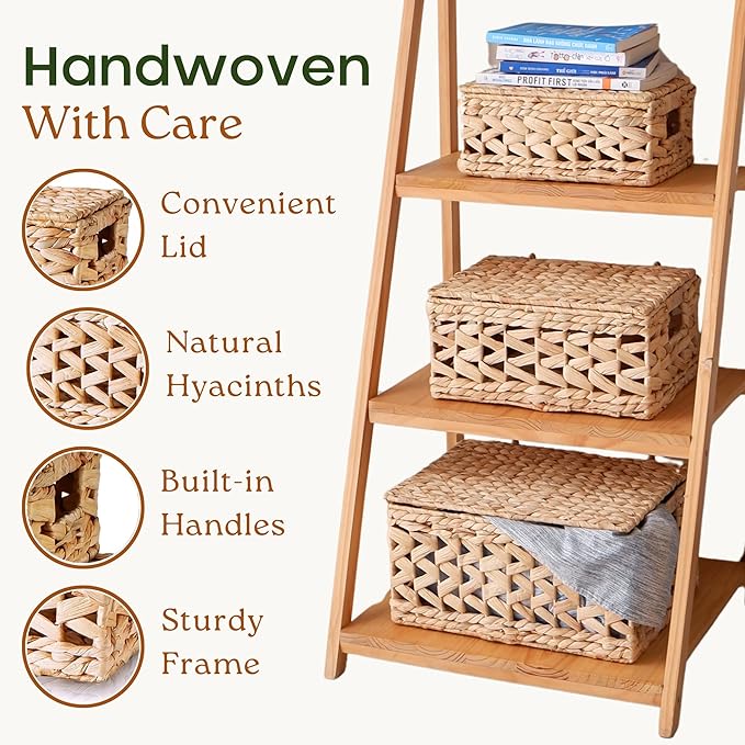 14in Wicker Storage Baskets with Lids, Set of 3 Natural Water Hyacinth Decorative Boxes for Shelf, Woven Lidded Baskets for Organizing, Rattan Storage Box, Nesting Baskets with Lids