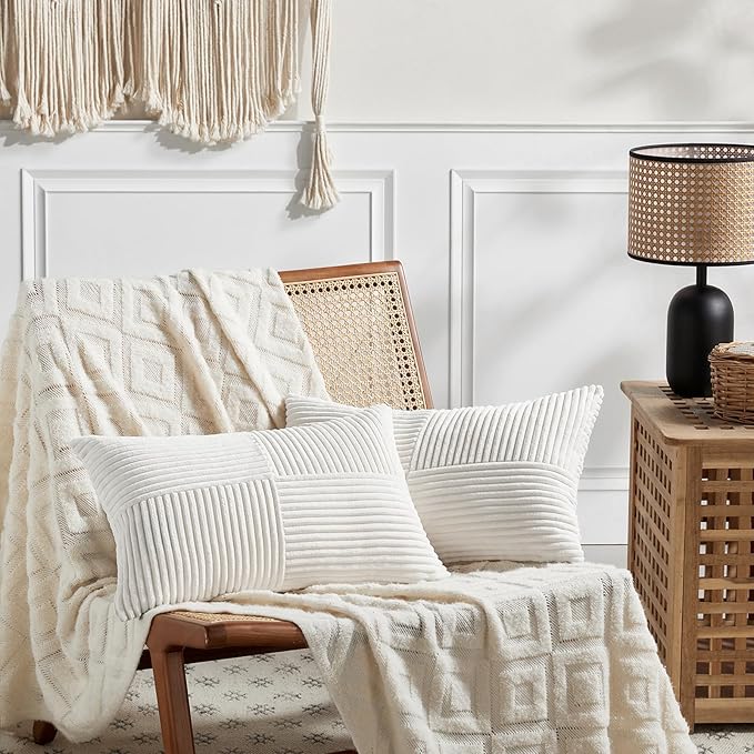 Fancy Homi 2 Packs Cream White Lumbar Decorative Throw Pillow Covers 20x28 Inch for Couch Bed Sofa, Rustic Farmhouse Boho Home Decor, Soft Striped Corduroy Rectangle Accent Cushion Case 50x70 cm