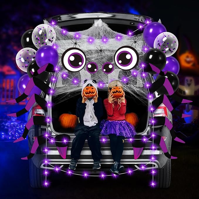 Halloween Trunk or Treat Car Decorations Kit - Halloween Car Decor with Spider Web, Balloons, Purple String Lights, Halloweens Spider Outdoor Decorations for Cars SUV Garage Door Entryway Archway