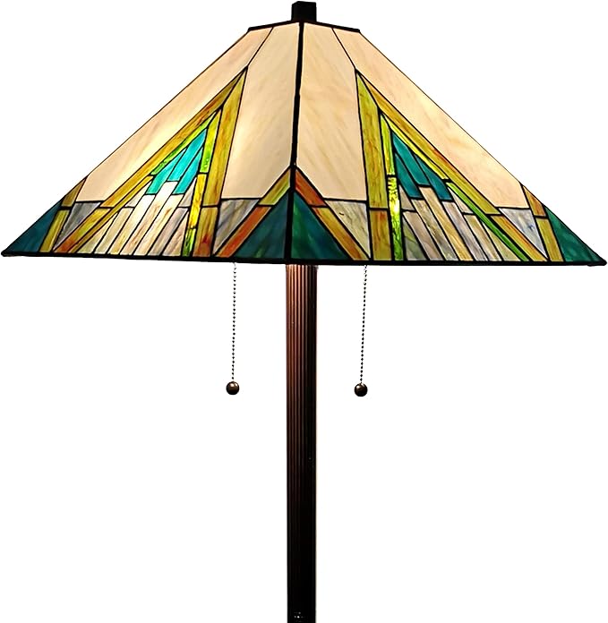 Tiffany Style Mission Standing Floor Lamp 62" Tall Stained Glass Yellow Green Brown Tan Antique Vintage Light Decor Bedroom Living Room Reading Gift Amora Lighting AM353FL17