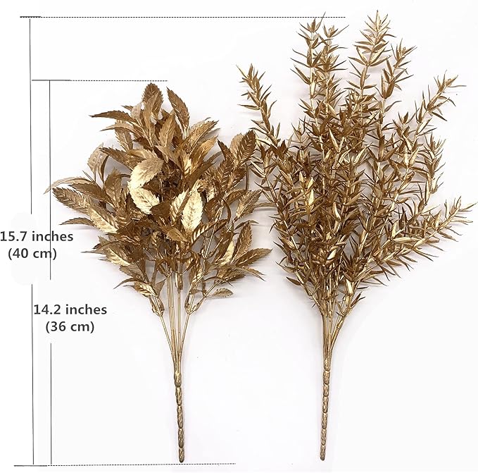 CATTREE Artificial Gold Plants for Christmas, Golden Leaves Plant Plastic Faux Shrubs Fake Simulation Spiky Grass Bushes for Indoor Outdoor Wedding Decoration Hall Table Planter Filler 4 Pack
