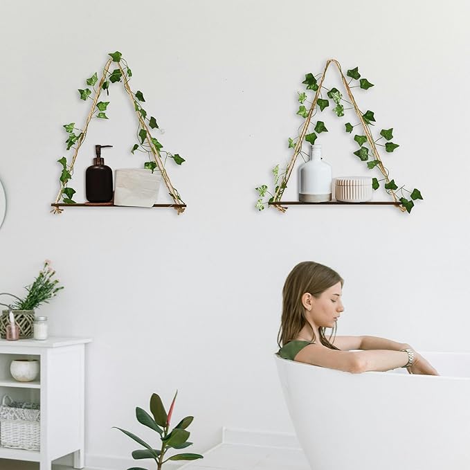 2 Pack Artificial Ivy Wall Hanging Shelves Boho Floating Shelves Wall Decor, Adjustable Rustic Wood Shelf with LED Light Storage Rack Macrame Plant Shleves Holder for Bedroom