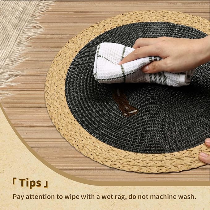 Noctiflorous Round Braided Placemats Set of 6 Table Mats 15 Inches Washable Heat Resistant for Dining Table Non-Slip Indoor Outdoor Place Mats for Thanksgiving Christmas Easter(Black Wide Edge 6)