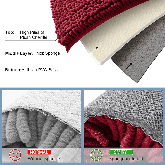 Smiry Luxury Chenille Bathroom Rugs 47x17, Extra Soft and Absorbent Shaggy Bath Mat, Machine Washable, Non-Slip Plush Carpet Runner for Tub, Shower, and Floor, Home Decor Accessories, Red