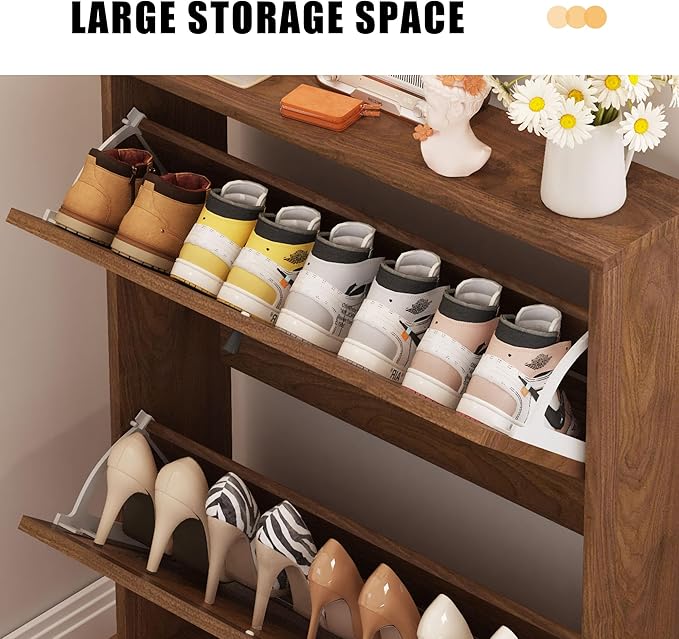 AVZEAR Freestanding Shoe Organizer with 2 Flip Drawer Doors, Entryway & Closet Shoe Storage, Linen Doors, Walnut