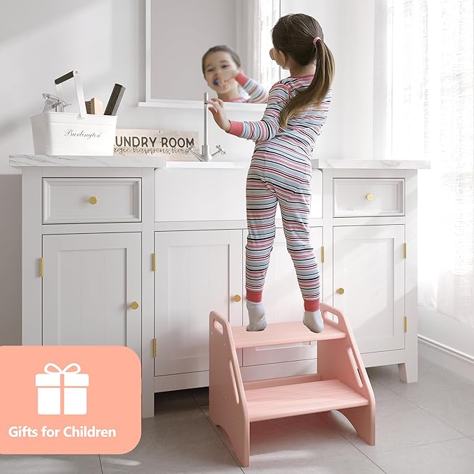 AMBIRD Wooden Step Stool, Two Step Stools Toddler 300 lbs Capacity with Safety Non-Slip Pads and Handles, Bamboo Step Stool for Bathroom, Kitchen Step Stools Dual Height Step Stools for Kids (Pink)