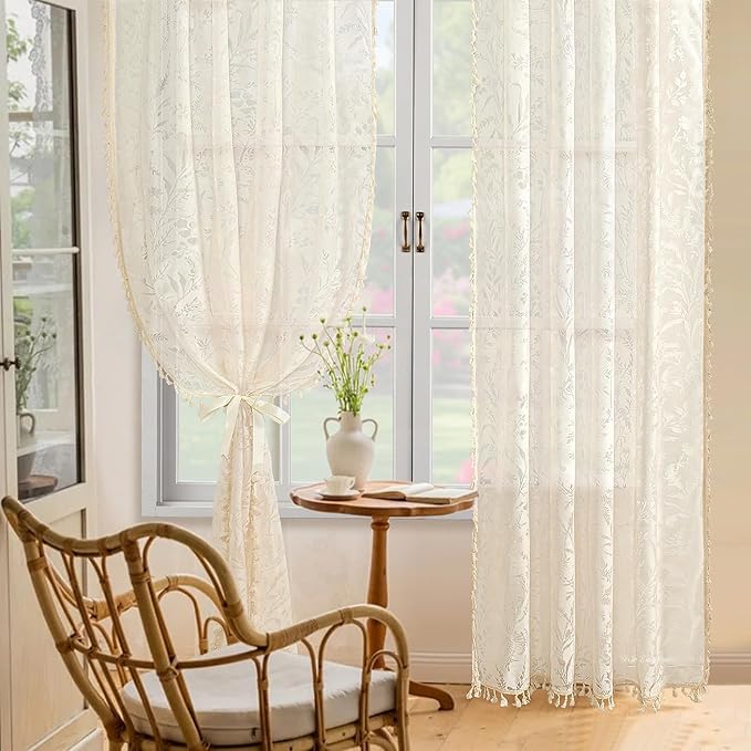 JOOJA Boho Lace Curtains 84 Inch Length 2 Panels Beige Sheer Floral Leaf with Tassels, Semi Blackout Privacy Curtains for Bedroom & Living Room Beige 52"x84"