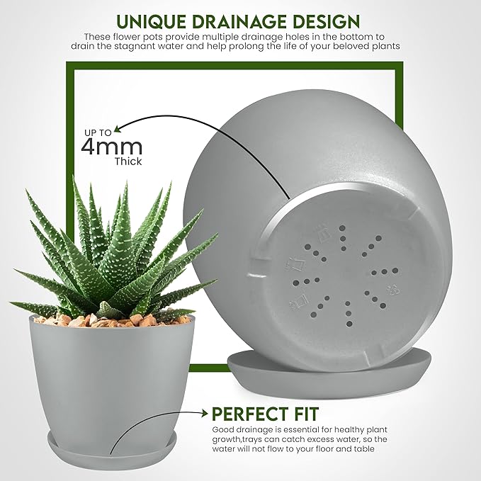 Utopia Home - Plant Pots Indoor with Drainage - 7/6.6/6/5.3/4.8 Inches Home Decor Flower Pots - Pack of 10 Plastic Planters for Indoor Plants, Cactus, Succulents Pot - Grey