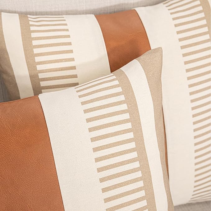 Farmhouse Decorative Throw Pillow Covers 18x18 Neutral Boho Cushion Cover Faux Leather Accent Pillowcase,Tan and Beige (Cover ONLY, Pack of 2)