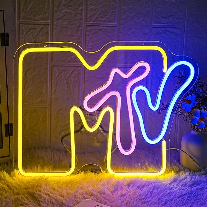 Neon Sign for Wall Decor - MTV Neon Light Up Sign Yellow LED Neon Light for Bedroom, Music Room, Record Room, Recording Studio, Bar Decoration