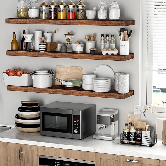 Fun Memories Floating Shelves - 9 Inch Deep Wall Shelf for Decor & Storage - Wall Mounted Display Shelving with Invisible Heavy-Duty Metal Bracket - 48" W x 9" D x 1.6" H - Set of 1 - Rustic Brown