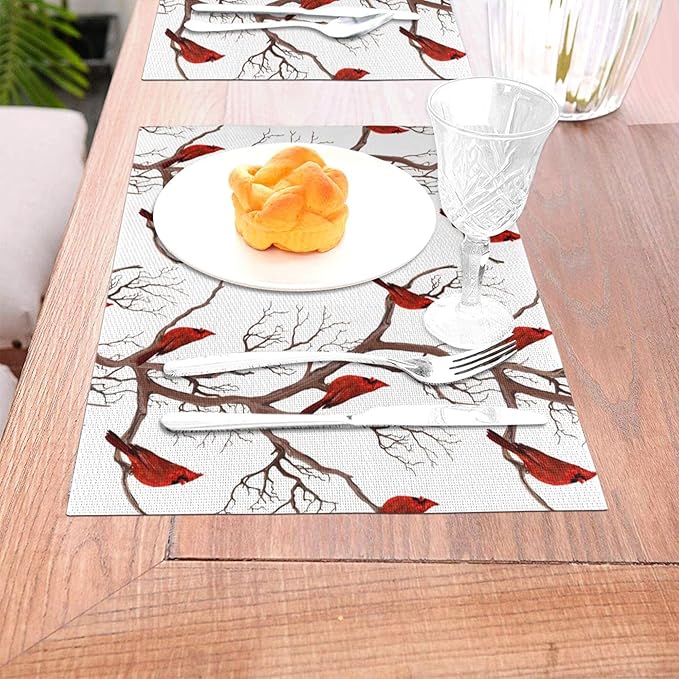 Winter Cardinal Christmas Placemats Set of 4, Red Decorative Place Mats 12x18 Inch Washable Heat Resistant Table Mats for Kitchen Dining Tables Holiday Party Farmhouse Home Decor